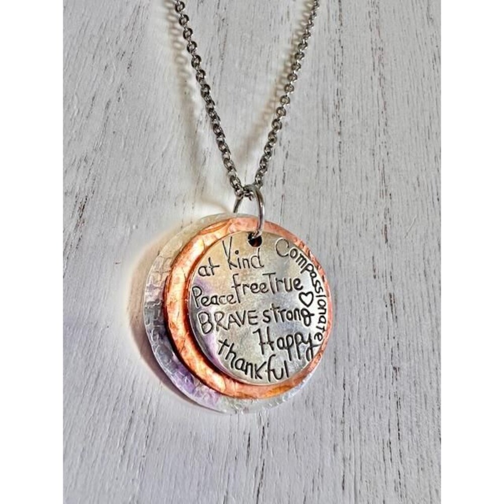 Positive Words Necklace, Hammered Stainless Steel Copper Aluminum Necklace